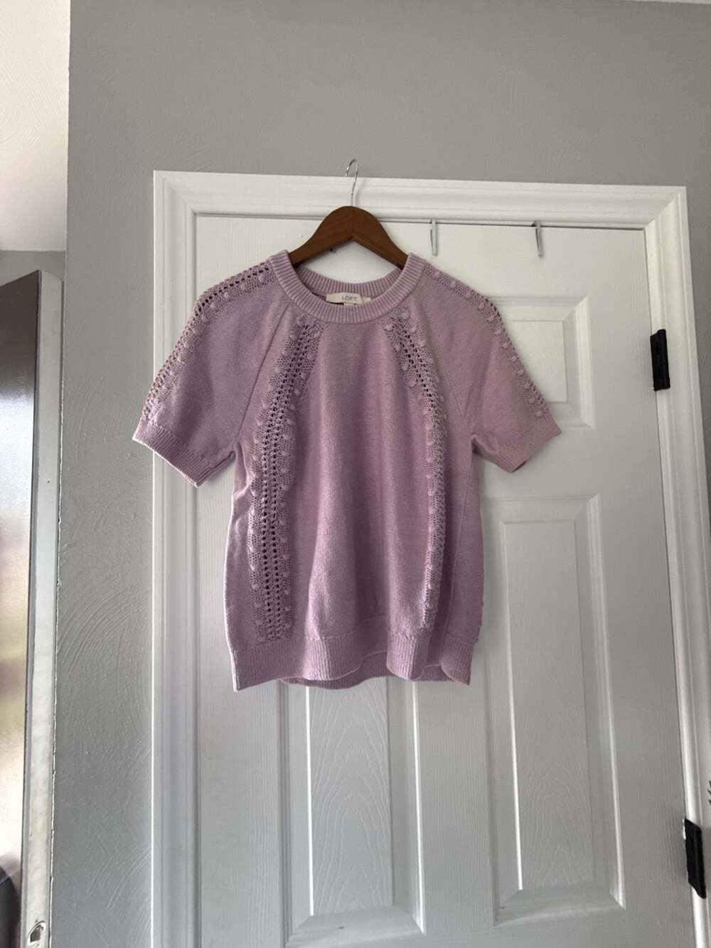 LOFT Women's Purple Short Sleeve Pointelle Open Knit Cotton Sweater Size Large